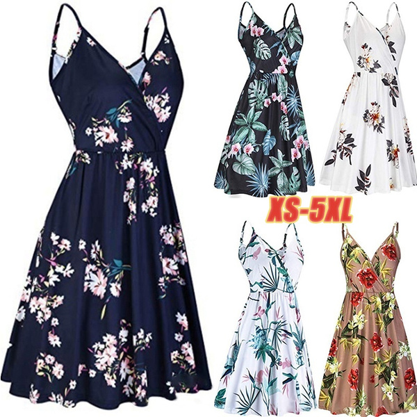 Women Summer Fashion Sling Dress V-neck Floral Pleated Casual Dresses Plus  Size XS-5XL | Wish